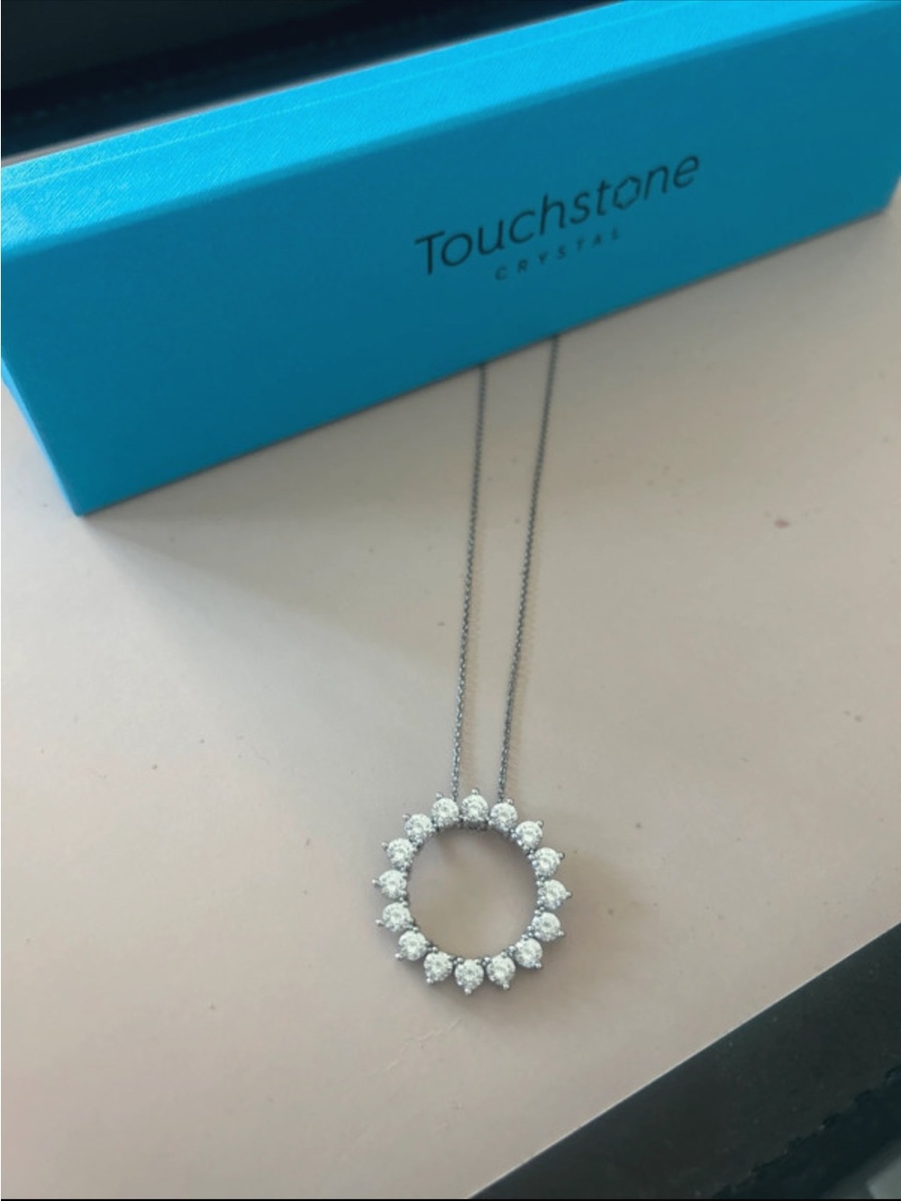 Touchstone Crystal Silver Circle Pendant Necklace in White Crystals
